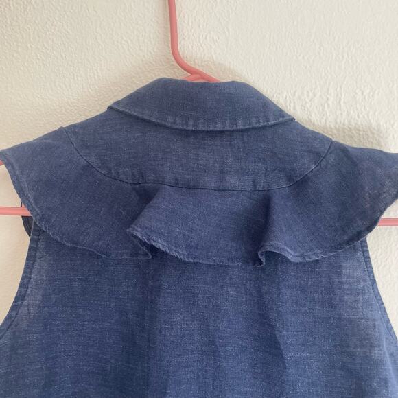 Women’s Corey Lynn Calter Blue Linen Button up Sleeveless Top with Ruffles.Small - Picture 6 of 8
